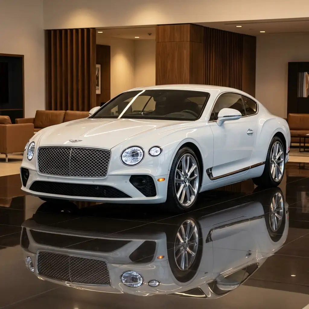 Bentley Continental GT in Glacier White, W12 engine producing 650 HP, 0-60 in 3.6 seconds, rental price $1,200/day