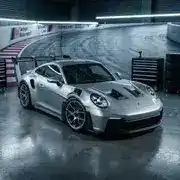 Porsche 911 GT3 RS in GT Silver, naturally aspirated flat-six producing 518 HP, 0-60 in 3.0 seconds, rental price $1,400/day